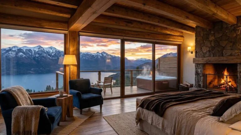 Interior suite de lujo con vista al lago Lacar en San Martin de los Andes luxury