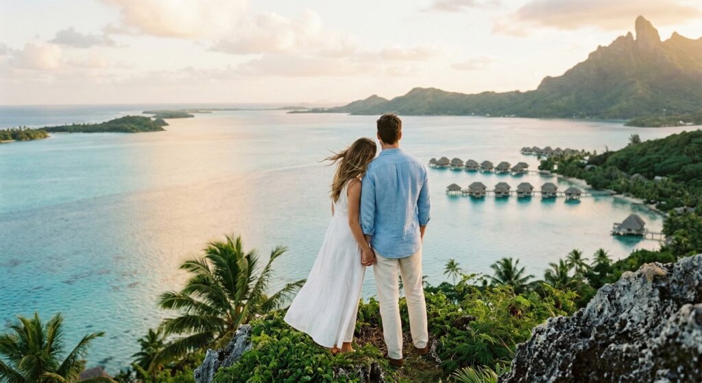 Pareja disfrutando de una vista panorámica hacia una laguna tropical en Bora Bora.
