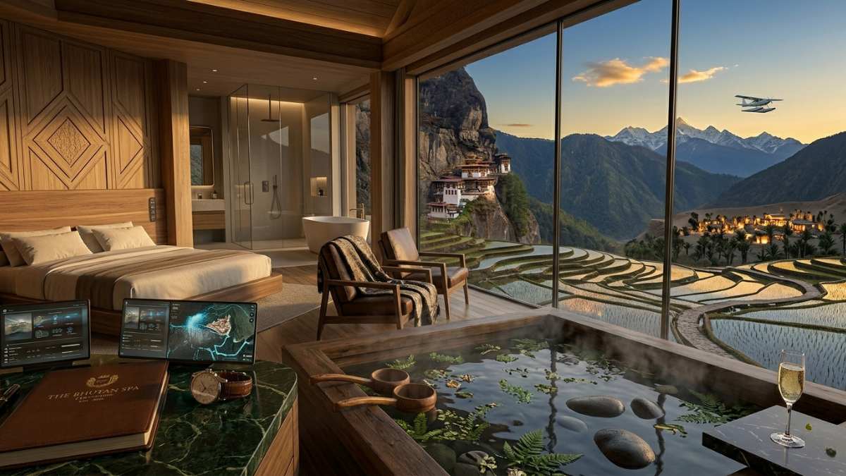 Traditional Bhutanese hot stone bath in a luxury spa overlooking rice terraces.
