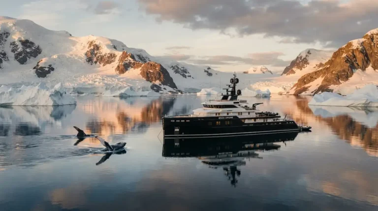 Sleek polar discovery yacht anchored near icebergs for luxury Antarctica expeditions