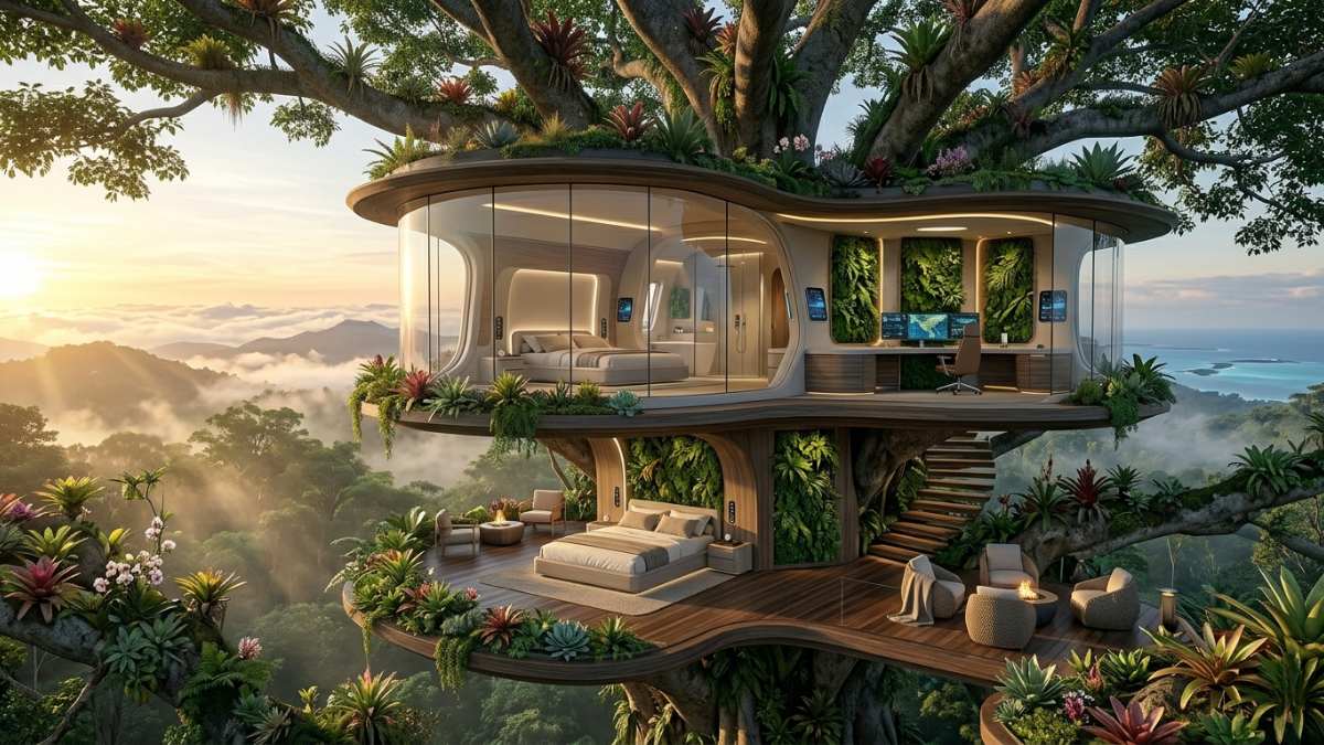 Modern luxury treehouse suite in the Costa Rican rainforest with zero-footprint design.