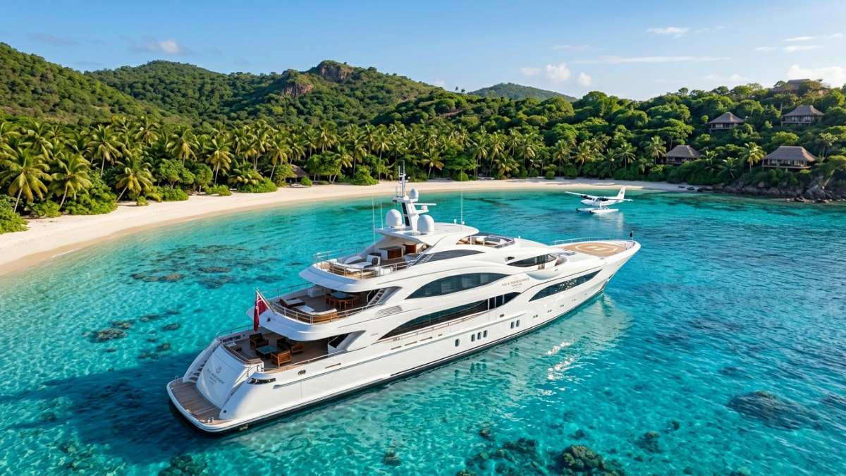 Luxury private yacht charter Caribbean anchored in the turquoise waters of the British Virgin Islands.