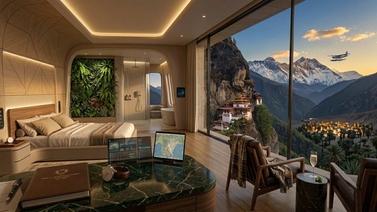 Ultra-luxury hotel suite in Bhutan with panoramic Himalayan views and Tiger's Nest monastery.