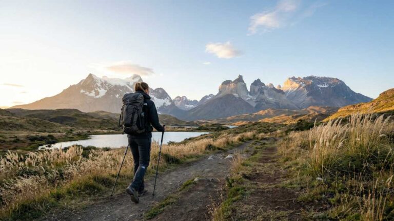 Luxury traveler hiking with a private guide using these Torres del Paine travel tips.