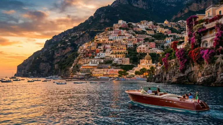 Luxury Travel Amalfi Coast view of Positano colorful houses and luxury yacht