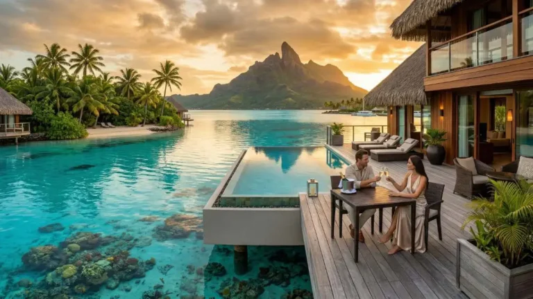 Luxury Travel Bora Bora view of overwater villas and Mount Otemanu