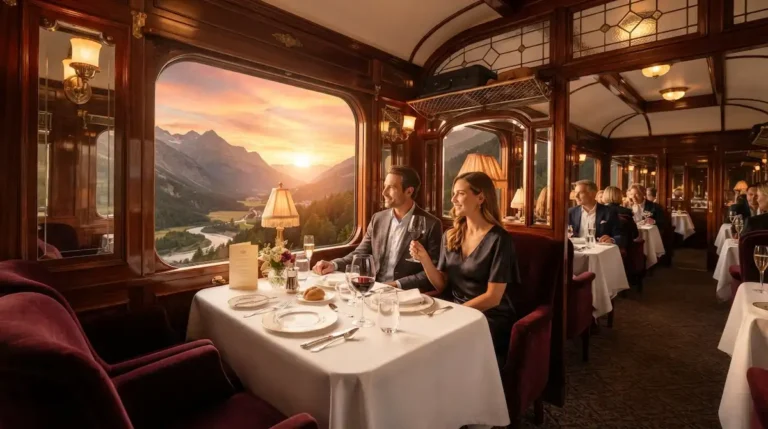 Luxury Train Journeys, elegantly set dining table inside a luxury vintage train lounge car passing mountain scenery at sunset.