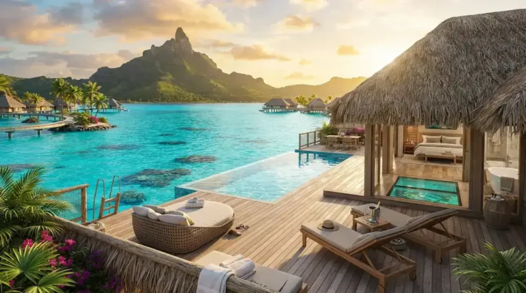 Luxury travel Maldives surrounding a turquoise lagoon with seaplanes docked nearby.