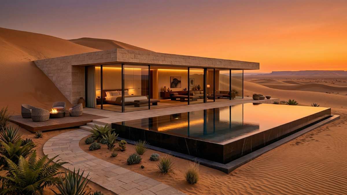 5 Breathtaking Private Desert Oasis Resorts: Ultra-Luxury Escapes 1 Private Desert Oasis resort with infinity pool and golden sand dunes at sunset.
