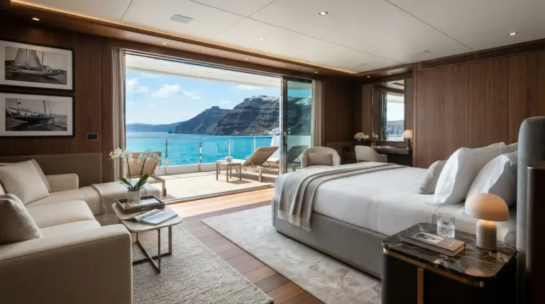 Luxury oceanview suite cabin aboard private expedition cruises sailing near volcanic island cliffs.