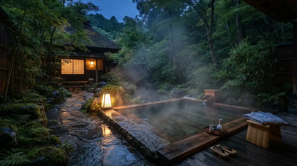 Quiet Luxury Travel: 7 Secrets of Understated Silent Escapes 3 Private outdoor hot spring onsen bath at a Japanese forest ryokan representing quiet luxury travel.