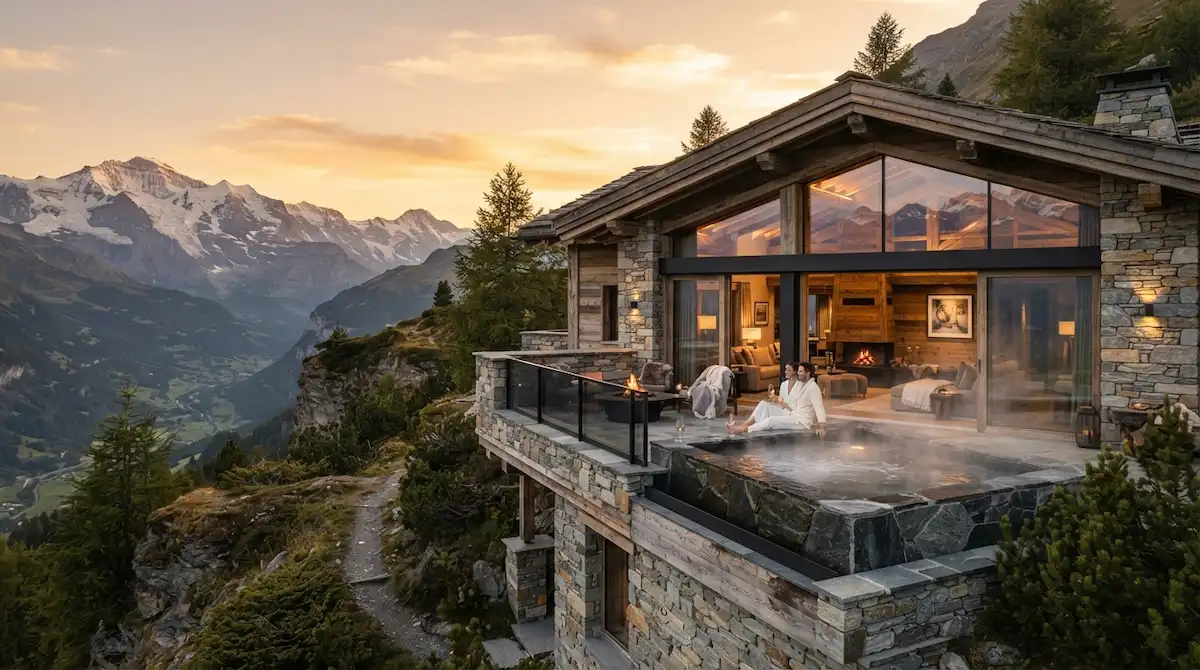 Quiet Luxury Travel: 7 Secrets of Understated Silent Escapes 1 Discover quiet luxury travel featuring stone chalets in the Swiss Alps with Matterhorn mountain views.