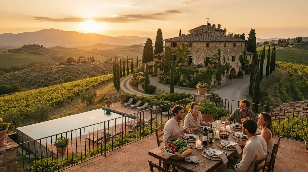 Quiet Luxury Travel: 7 Secrets of Understated Silent Escapes 2 Understated stone villa estate surrounded by cypress trees and vineyards embodying quiet luxury travel.
