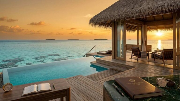 Sunrise view from a private overwater villa, exemplifying the slow travel concept in luxury destinations.