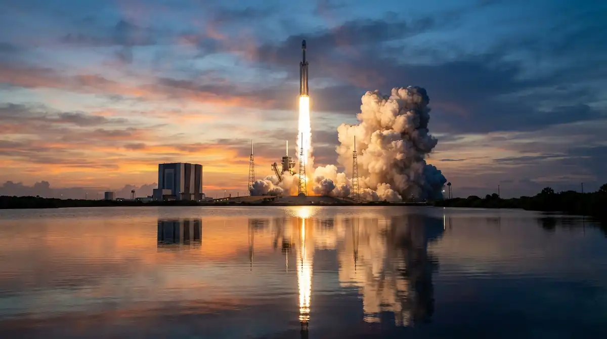 Commercial rocket launch for space tourism at Kennedy Space Center with glowing exhaust trail ascending into the sky.