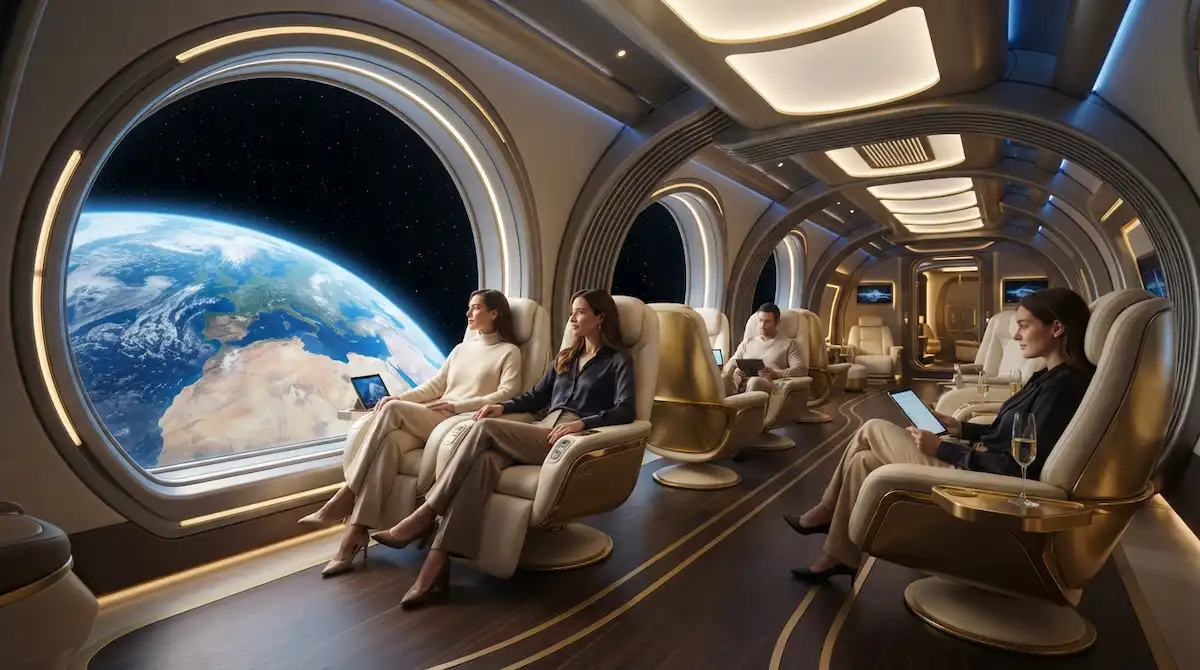 Experience space tourism inside a luxury suborbital spaceplane cabin with large round windows