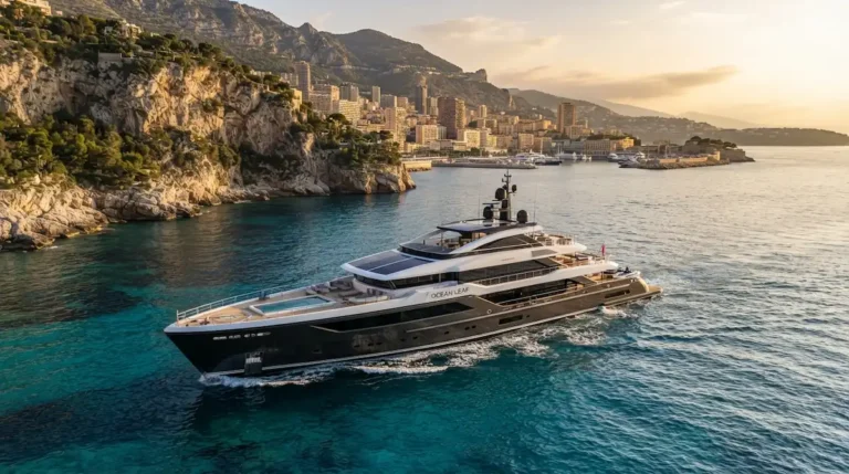 Sleek solar-powered vessel representing the future of luxury superyachts cruising in Europe