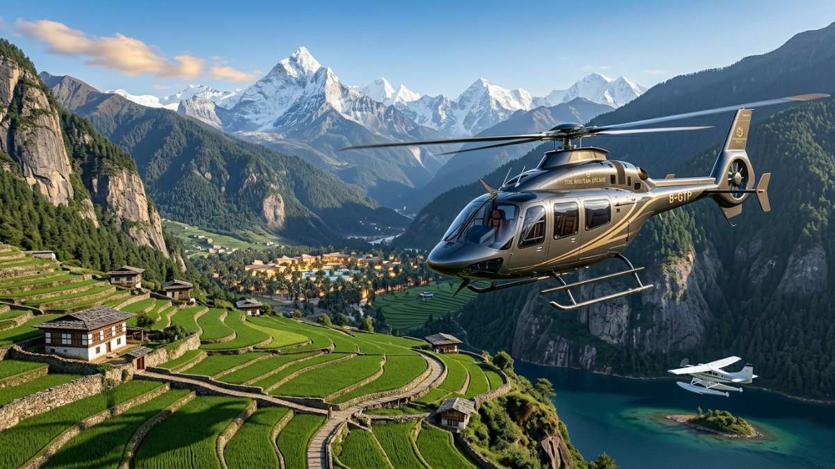 Private helicopter flying over the snow-capped Bhutanese Himalayas and deep green valleys.