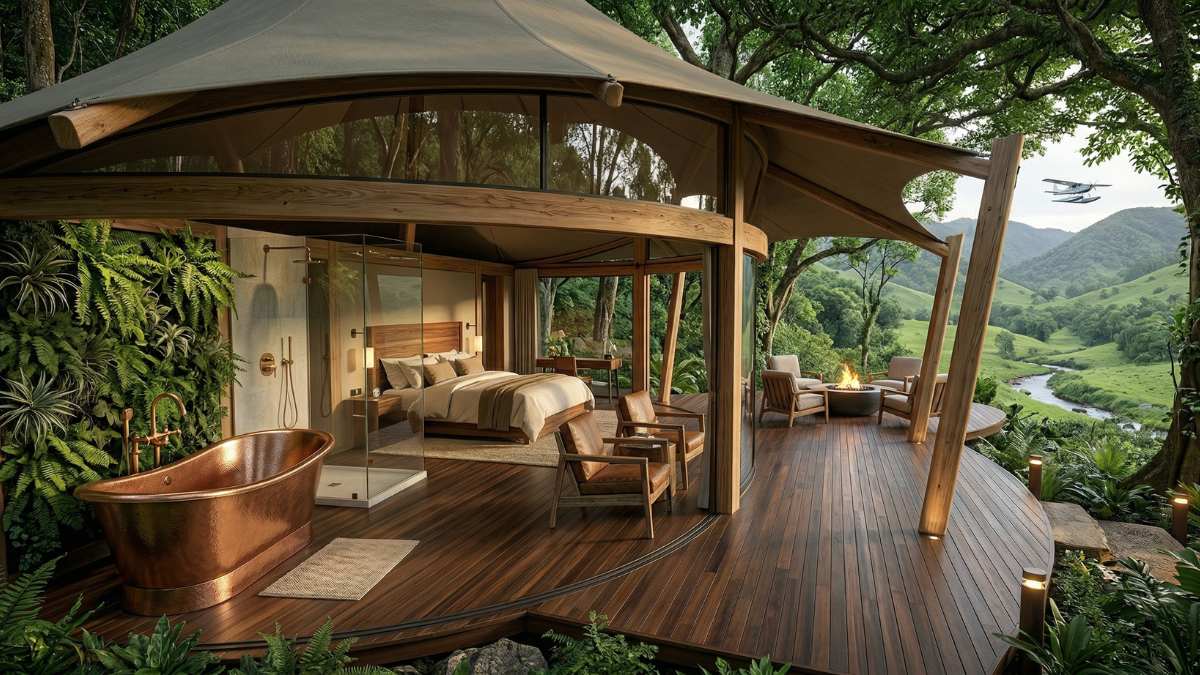 7 Ultra Luxury Glamping Sites: Redefining Sustainable Travel 2 Ultra-luxury glamping tent in a remote sustainable forest retreat.