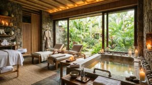 Wide interior shot of a luxury spa room in an exclusive wellness retreat.