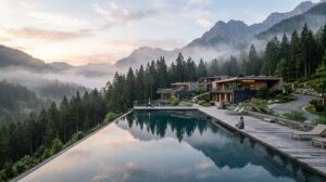 Horizontal view of a luxury wellness retreat with infinity pools in a mountain forest.