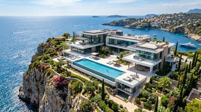 Horizontal view of a luxury private villa estate with an infinity pool overlooking the Mediterranean sea.