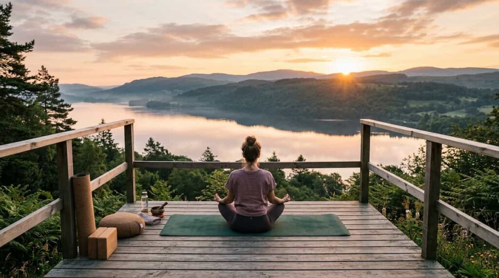 Horizontal shot of an outdoor yoga deck at an exclusive wellness retreat during sunrise.