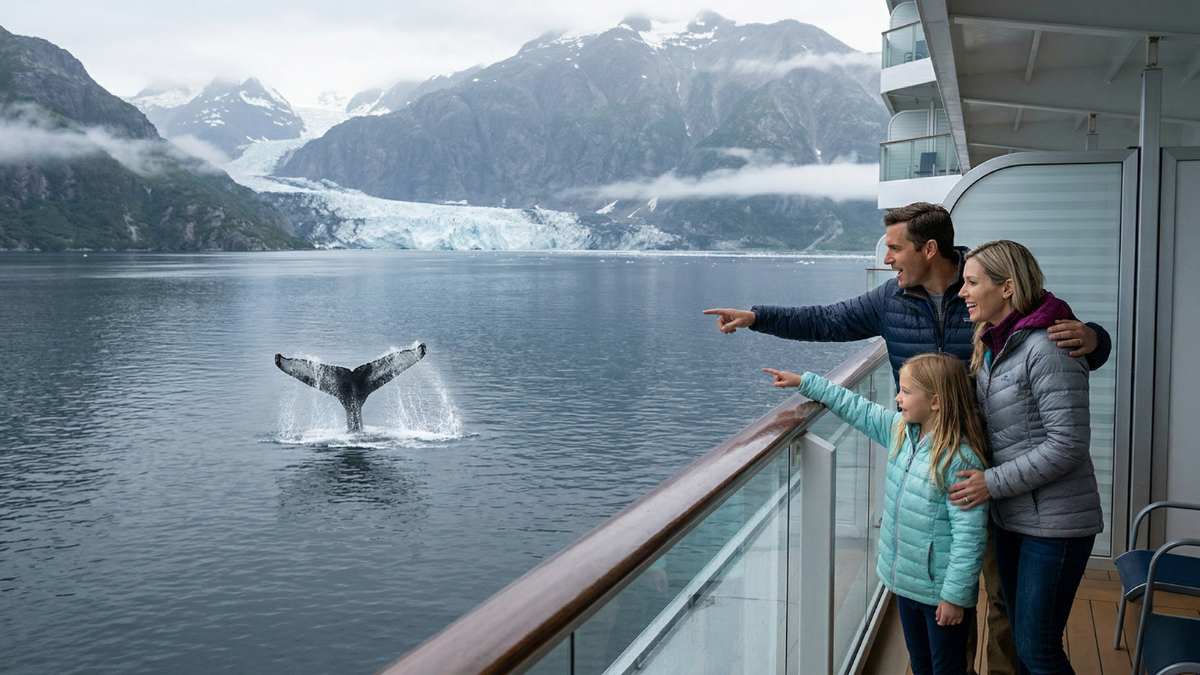 Cruise ship sailing near a massive blue glacier in Alaska with mountains
