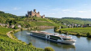 Luxury river cruise ship sailing past a medieval castle on the Rhine river