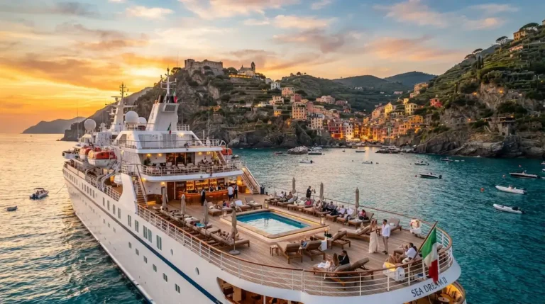 Luxury boutique cruise ship anchored near Portofino Italy coast at sunset during the best luxury Mediterranean cruises