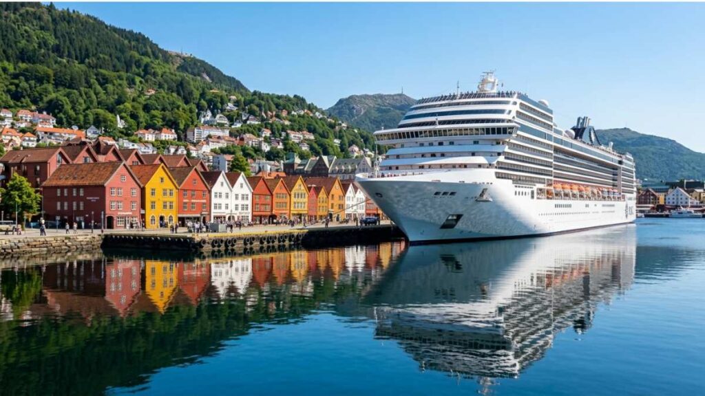 Cruise ship docked in the colorful port of Bergen, Norway