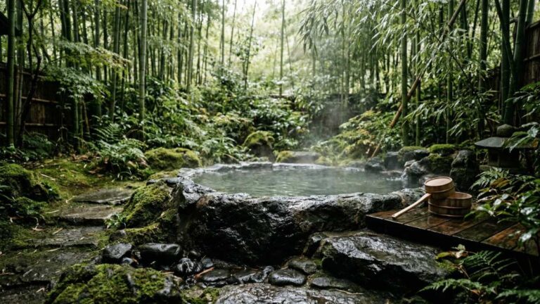 An authentic, private volcanic stone onsen bath at an exclusive Japan travel Ryokan in Kyoto.