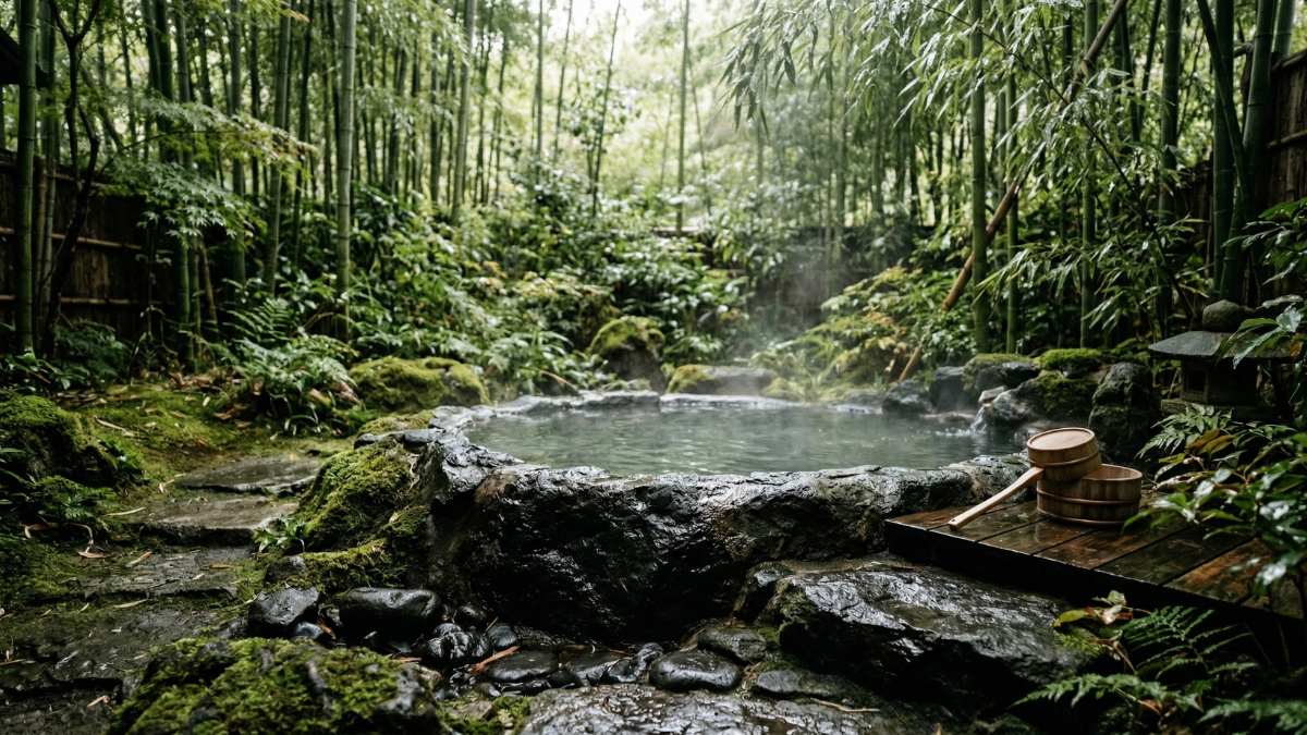 An authentic, private volcanic stone onsen bath at an exclusive Japan travel Ryokan in Kyoto.