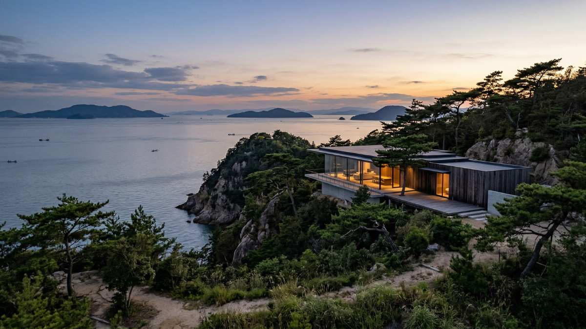 Secluded modern minimalist luxury villa in the pine forest of the Seto Inland Sea, Exclusive Japan Travel.