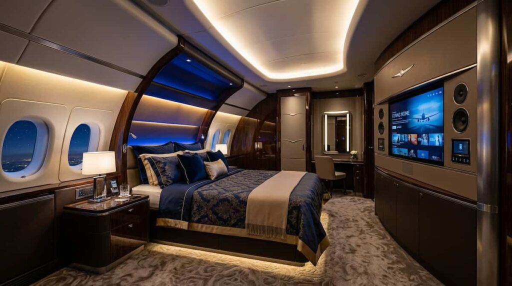 Horizontal shot of a luxury bedroom suite inside a private jet expedition