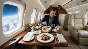 5 Most Exclusive Private Jet Expeditions Around the World 2 Wide interior shot of a gourmet dining experience inside an exclusive private jet.