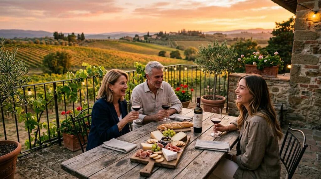 Horizontal shot of a luxury wine tasting experience on a terrace overlooking the vines.