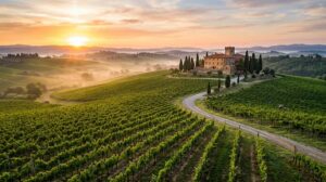 Horizontal panoramic view of a luxury vineyard with a historic chateau at sunrise.
