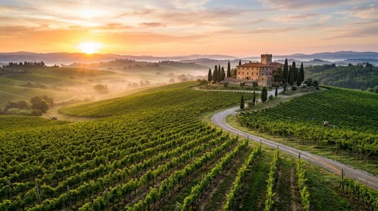 Horizontal panoramic view of a luxury vineyard with a historic chateau at sunrise.