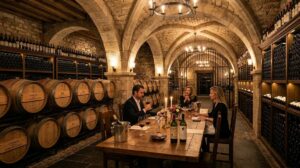 Wide interior shot of a private luxury wine cellar with a tasting table.