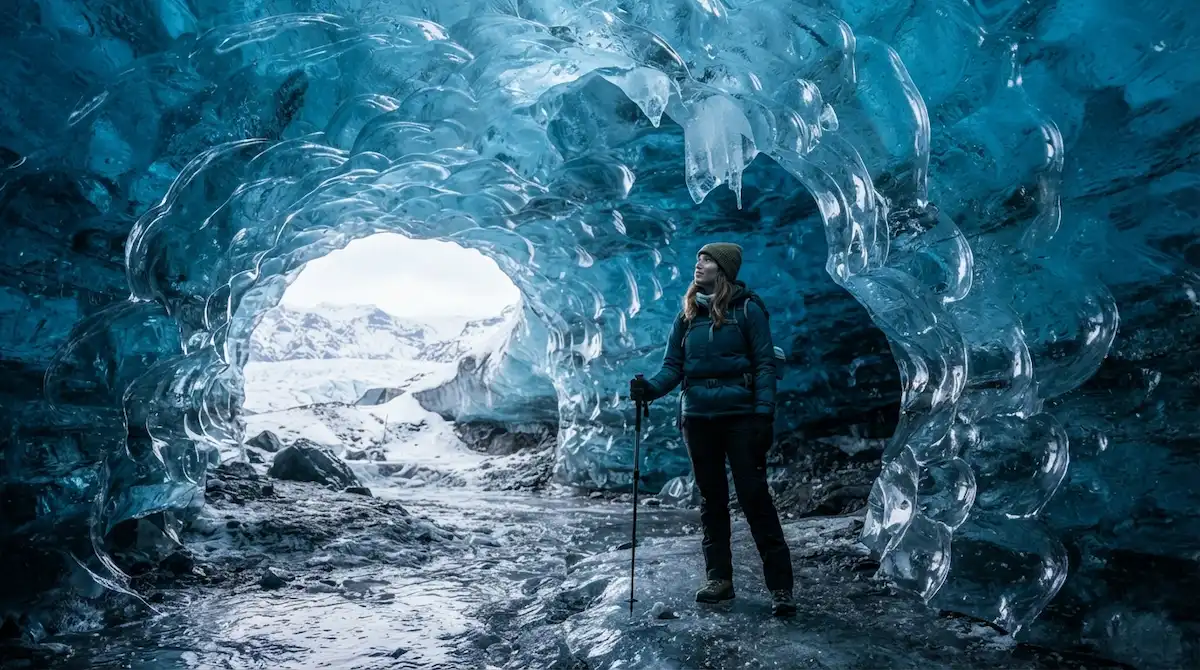 Private guided expedition inside natural blue ice caves as part of an iceland luxury travel itinerary.