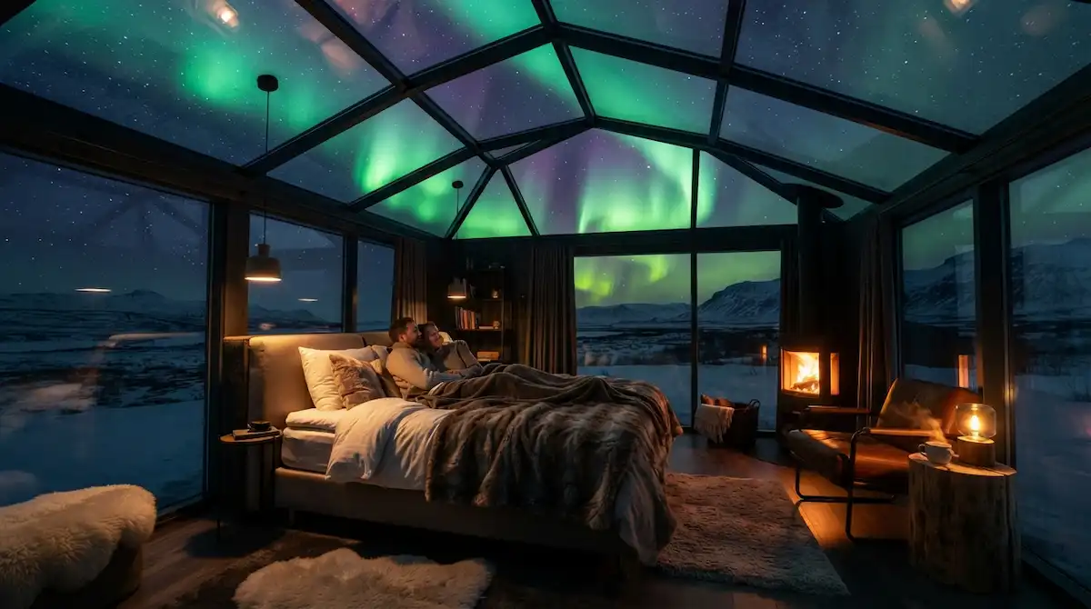 Heated glass-roofed suite bringing green Northern Lights displays into modern iceland luxury travel lodges.