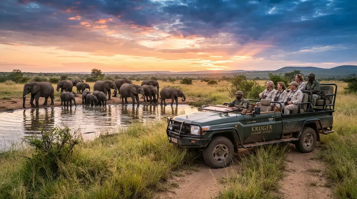 Open 4x4 vehicle on a Kruger National Park 3-day wildlife safari watching an elephant herd at a waterhole