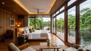 Wide interior shot of a luxury suite on an Amazon river cruise with panoramic jungle views.