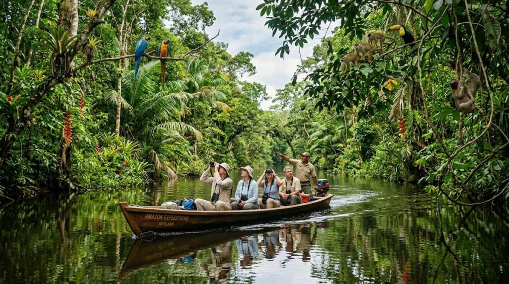 Horizontal shot of a private skiff excursion exploring a narrow tributary of the Amazon river.
