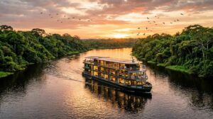 Horizontal view of a luxury Amazon river cruise ship sailing through the rainforest at sunset.