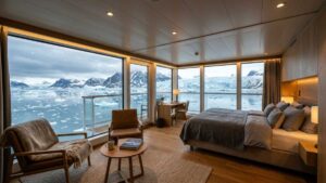 5 Most Exclusive Luxury Arctic Expeditions for Elite Travelers 2 Wide interior shot of a luxury Arctic cruise cabin with panoramic icy views.