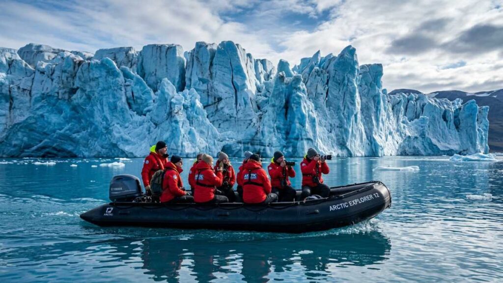 Horizontal shot of a luxury zodiac excursion near a blue Arctic glacier.