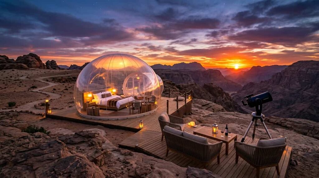 Horizontal shot of a luxury bubble hotel in the desert during a vibrant sunset.