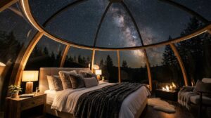 5 Most Stunning Luxury Bubble Hotels for Stargazing in Style 2 Wide interior shot inside a luxury bubble hotel suite looking at the stars.